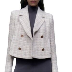 NEW!! X Calvin Klein Tweed Double-breasted Cropped Blazer - white/black - Sz 10